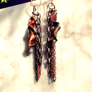 Flame painted copper and chain earrings.